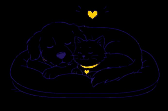 A dog and a cat sleeping curled up together on a pet bed