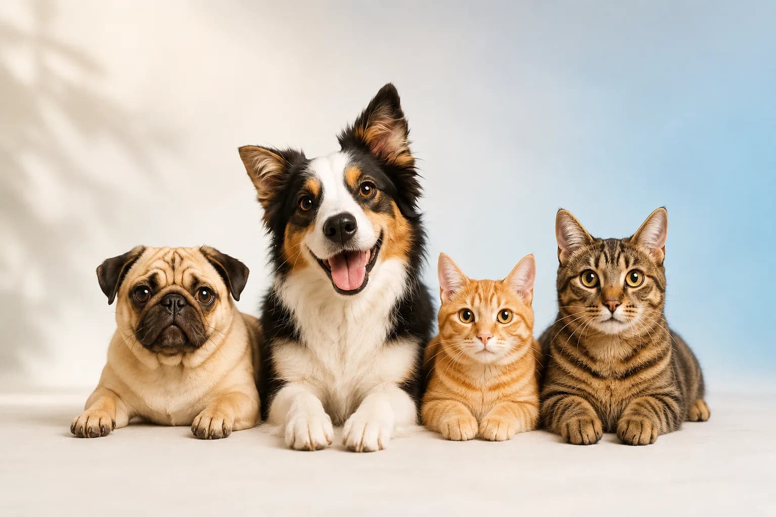 A pug, a border collie and two cats lying side by side against a soft blue backdrop