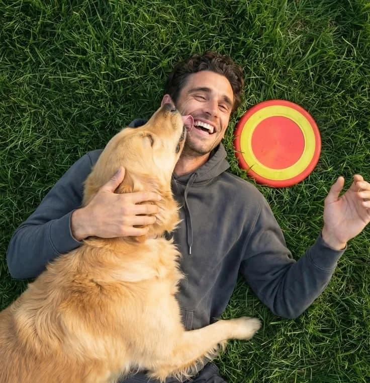 A man lying on the grass laughing as his golden retriever nuzzles him