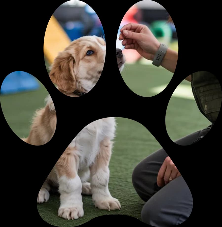 A paw-shaped collage of a puppy being trained on a lawn