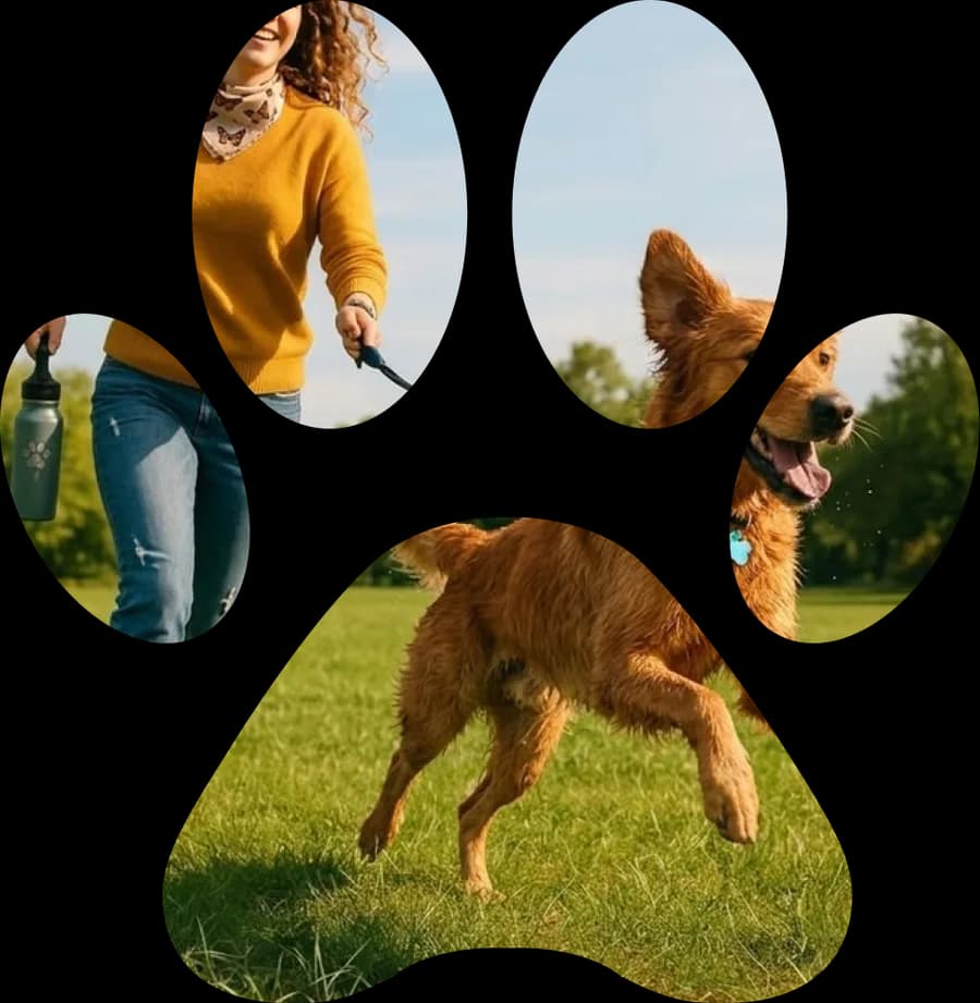 A paw-shaped collage of a golden retriever running on grass and its owner holding a lead