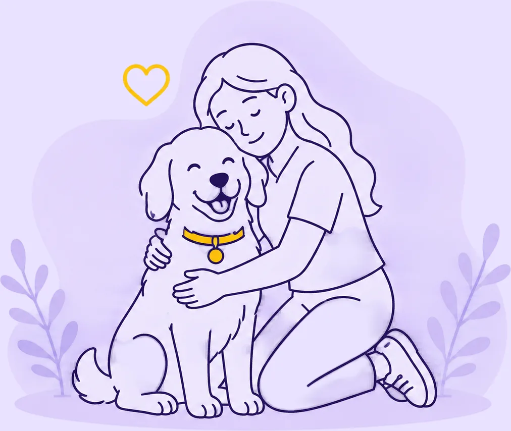 Illustration of a person kneeling to hug a dog