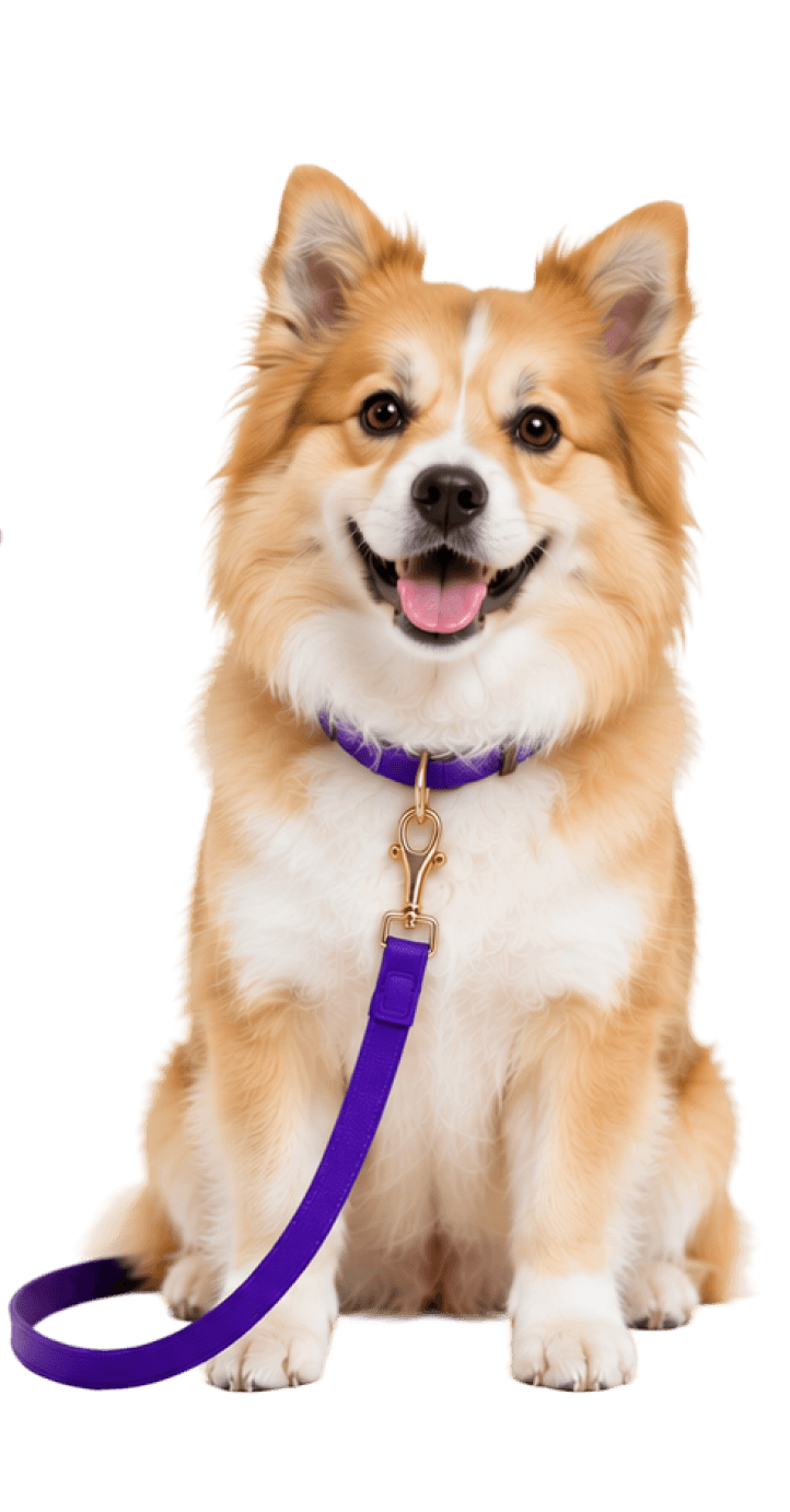 A tan dog on a lead, surrounded by boarding essentials