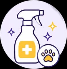 Illustration of a sanitising spray bottle and a paw badge