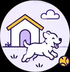 Illustration of a dog running past a kennel with a ball