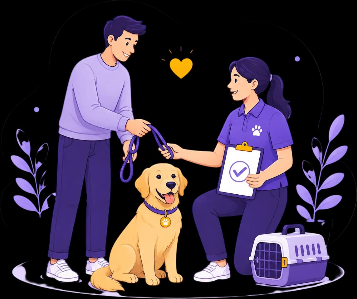 Two owners handing a golden retriever's lead to a Pet's Floor carer holding a checklist