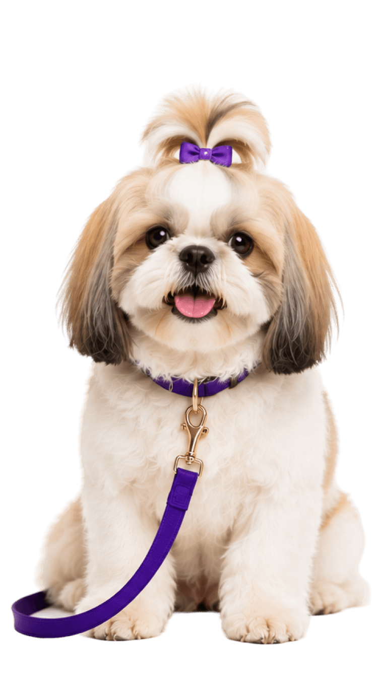 A shih tzu on a lead, surrounded by grooming tools