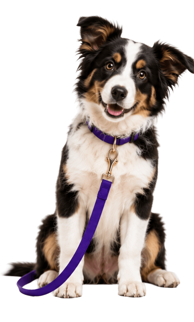A border collie on a lead, surrounded by training gear